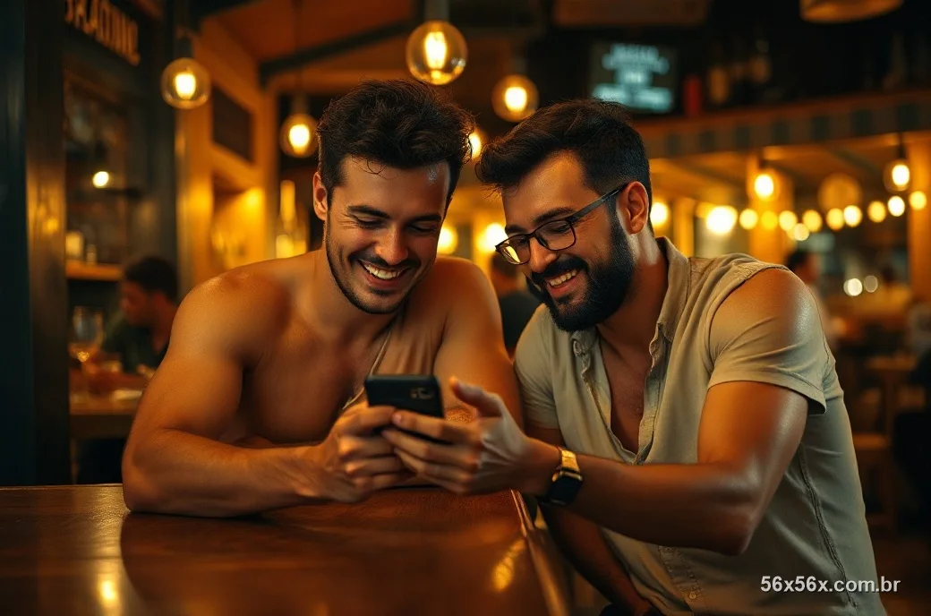 Dois amigos brasileiros num balcão de bar à noite olhando o celular juntos