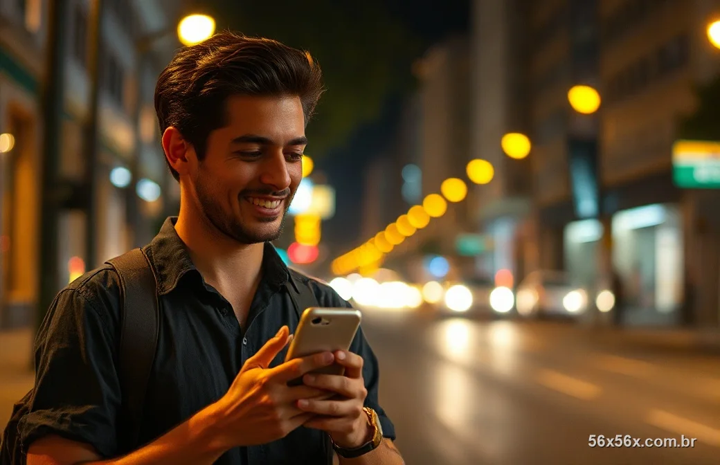 Jovem brasileiro na rua à noite olhando o celular e sorrindo sob luzes douradas