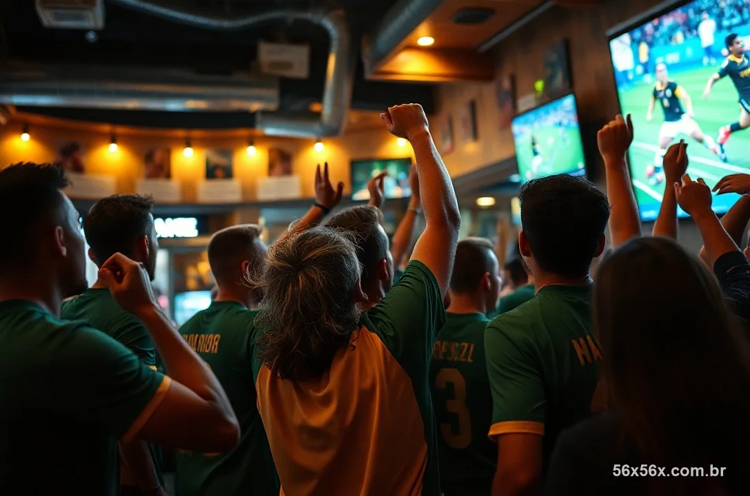 Torcedores brasileiros comemorando um gol num bar esportivo de camisas verdes