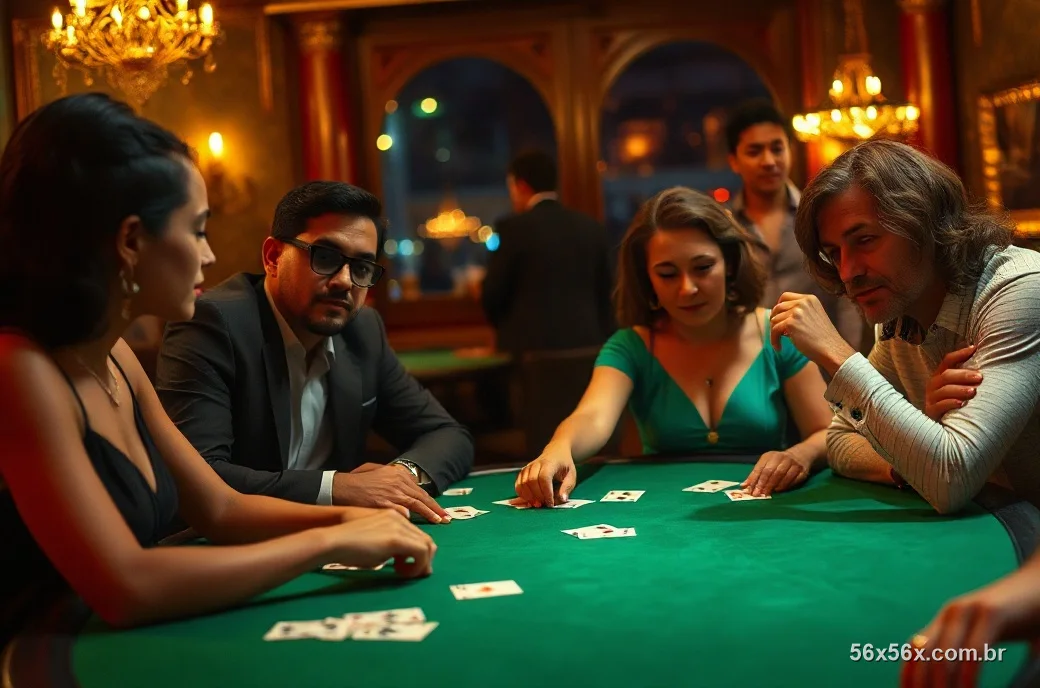 Pessoas elegantes jogando cartas numa mesa de feltro verde à noite com luz dourada