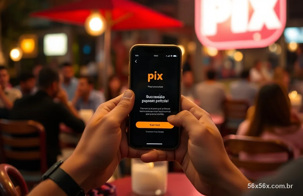 Mãos segurando o celular com a confirmação de um pagamento por PIX à noite