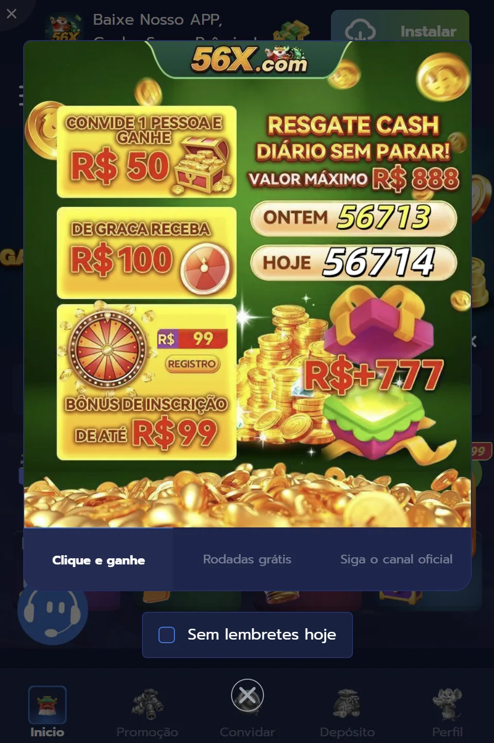 Tela inicial do app oficial 56X.com com os bônus de boas-vindas