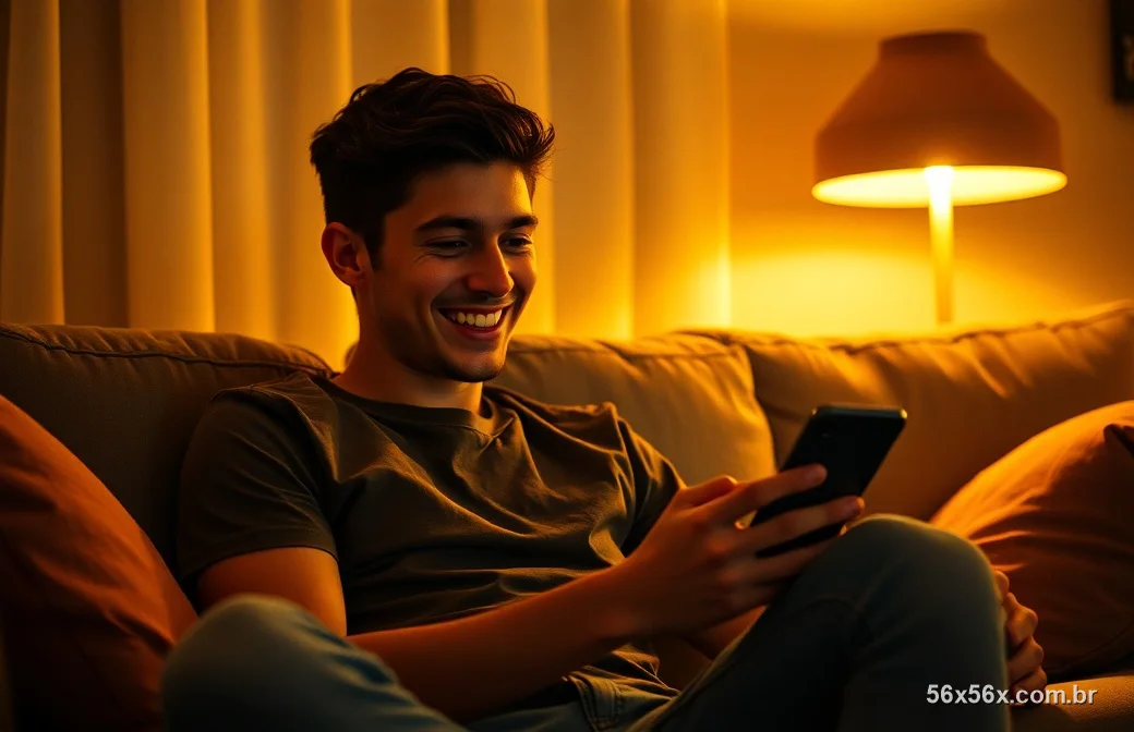 Jovem brasileiro jogando caça-níquel no celular no sofá à noite com luz dourada